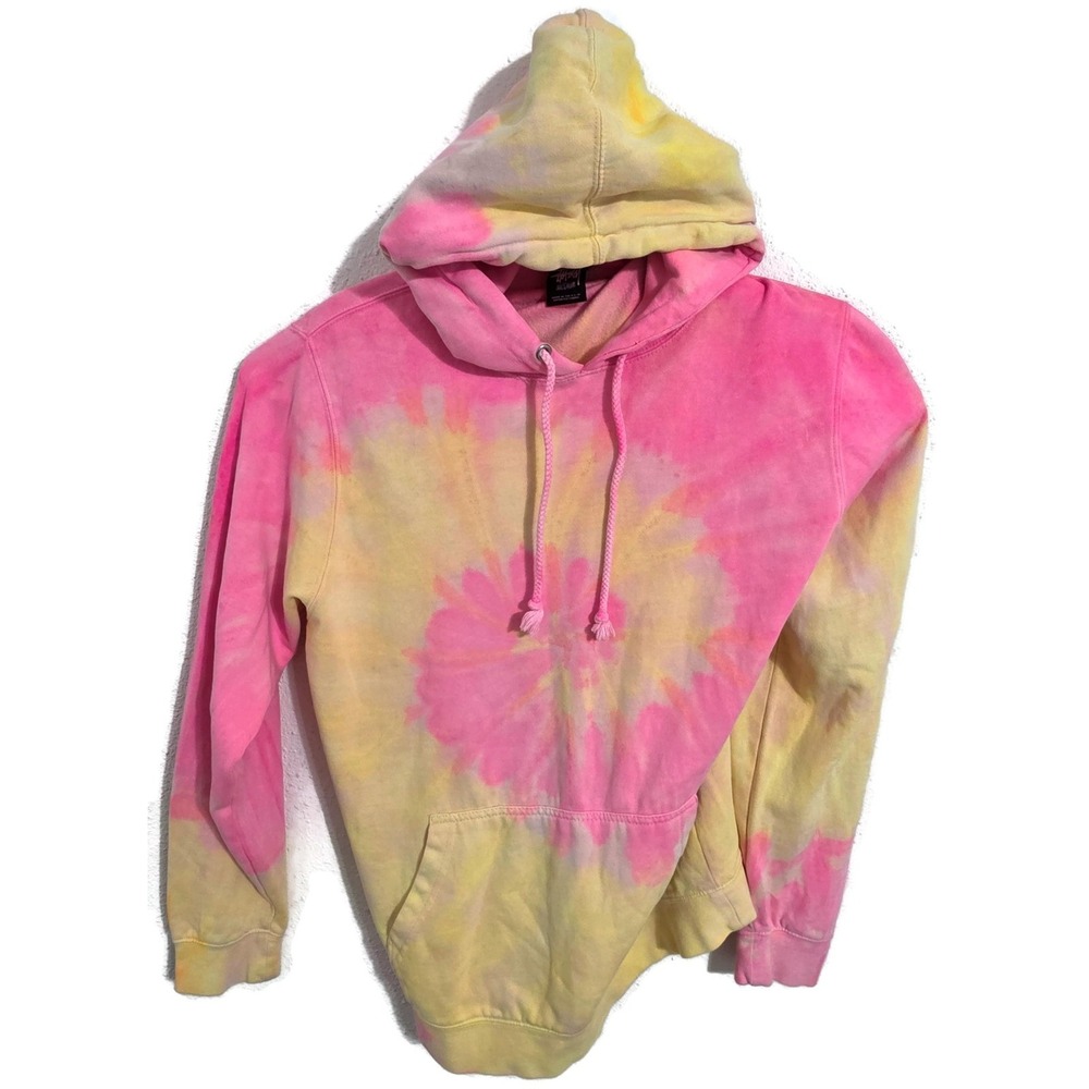 Stussy Hoodie Mens Medium Pink Yellow Tie Dye Pullover Fleece Sweatshirt